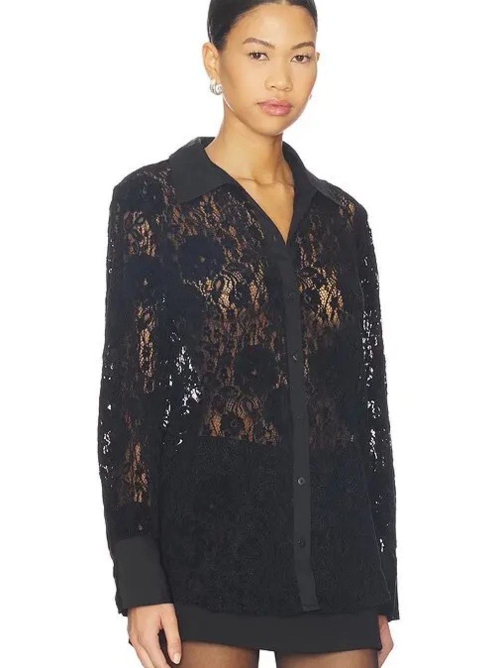 Free People Faith Button Down Black Lace Sheer Blouse Size L NWT